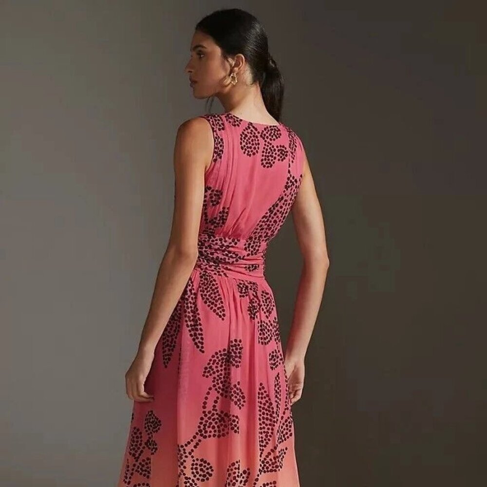 Anthropologie Pink to Peach Gradient Midi Dress with Black Floral Print - Picture 3 of 7